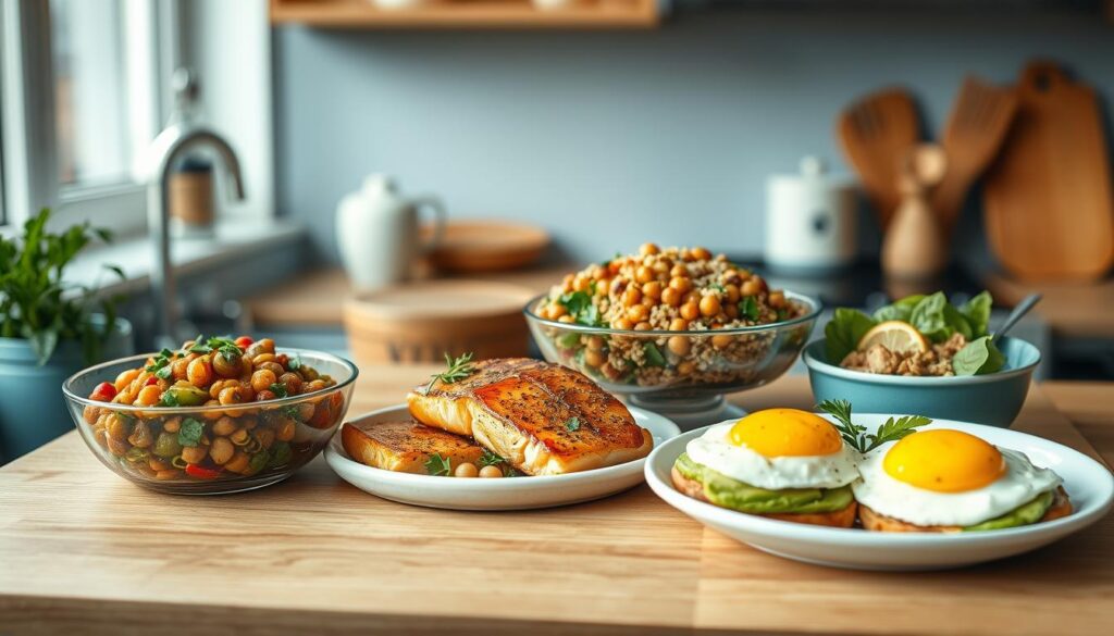 A cozy, minimalist kitchen with warm wooden textures and light blue accents. Atop a wooden countertop, a variety of protein-packed dishes are beautifully arranged - a hearty lentil and vegetable stew, grilled salmon filets garnished with fresh herbs, a colorful quinoa salad with roasted chickpeas, and a creamy avocado and egg toast. Soft, diffused lighting accentuates the natural ingredients, creating an inviting and nourishing atmosphere. The scene conveys a sense of balanced, energizing nutrition perfect for fueling the workday.