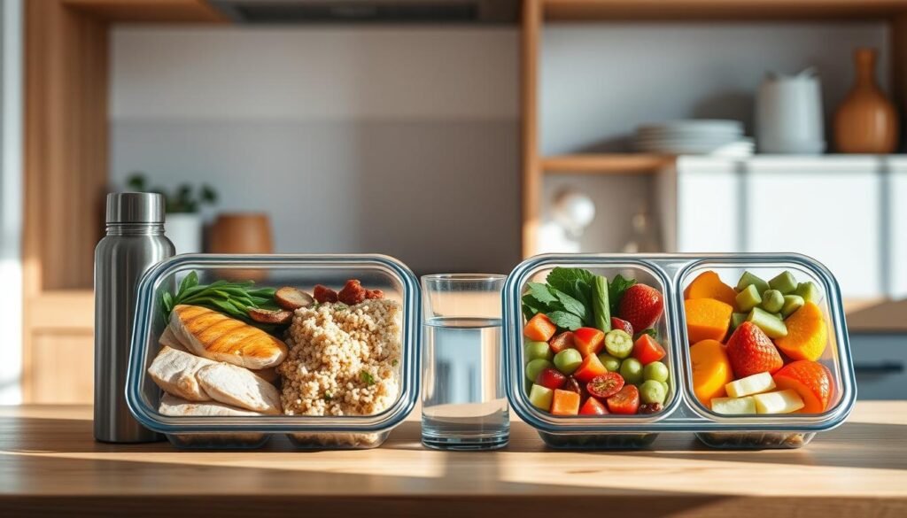 A cozy, minimalist kitchen with warm wooden textures and light blue accents. Four meal prep containers filled with colorful, balanced portions of healthy foods - grilled chicken, quinoa, roasted vegetables, and fresh fruit. Neatly arranged on a wooden counter, the containers are accompanied by a glass of water and a stainless steel water bottle, conveying a sense of organization and wellness. Soft, natural lighting illuminates the scene, creating a peaceful and inviting atmosphere for busy professionals to plan their meals for the week ahead.