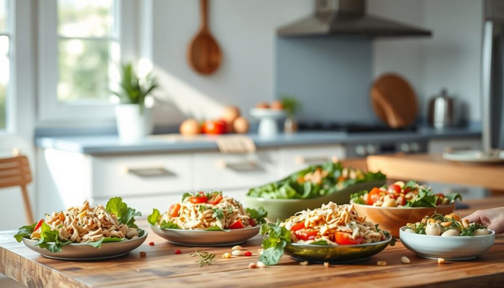 A cozy, minimalist kitchen with warm, wooden textures and light blue accents. In the foreground, a wooden table showcases various chicken salad variations, each artfully arranged and garnished. Crisp greens, juicy tomatoes, and colorful herbs complement the shredded chicken. Creamy dressings, crunchy nuts, and zesty citrus notes add depth of flavor. Soft, natural lighting illuminates the scene, casting gentle shadows and highlighting the textures. The overall atmosphere is one of freshness, wholesome nourishment, and culinary creativity, reflecting the theme of "Flavorful Chicken Recipes and Innovative Salads".