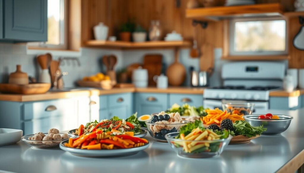 A cozy, minimalist kitchen with warm wooden textures and light blue accents. In the foreground, a variety of colorful, freshly prepared meals are neatly arranged on the countertop, showcasing the benefits of batch cooking for a healthy week. The scene is illuminated by soft, natural lighting, creating a serene and inviting atmosphere. In the background, kitchen utensils and appliances are neatly organized, suggesting efficiency and organization. The overall composition conveys the convenience, time-saving, and nutritional advantages of a weekly meal prep routine.