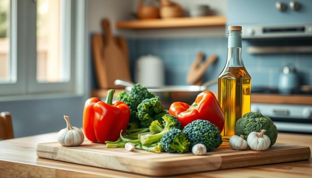 A cozy, minimalist kitchen with warm wooden textures and light blue accents. In the foreground, a wooden cutting board holds a variety of fresh ingredients for a meal prep stir fry - brightly colored bell peppers, tender-crisp broccoli florets, fragrant garlic cloves, and a bottle of rich, golden olive oil. The middle ground features a stainless steel wok, ready to sizzle with the sights and aromas of a delicious home-cooked meal. Soft, natural lighting illuminates the scene, creating a sense of calm and intention. The overall atmosphere evokes the benefits of planning and preparing nourishing office lunches with ease and efficiency.