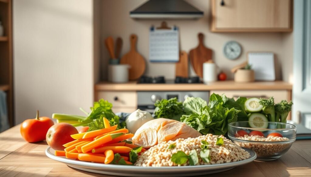 A cozy, minimalist kitchen with warm wooden textures and light blue accents. In the foreground, a neatly arranged spread of fresh ingredients for a quick 30-minute meal prep - crisp vegetables, lean protein, and whole grains. Soft, directional lighting casts a gentle glow, highlighting the effortless efficiency of this routine. In the background, a calendar, a timer, and a notebook hint at the organizational benefits of this quick meal prep. The scene conveys a sense of calm productivity, emphasizing how a 30-minute routine can make healthy eating accessible and sustainable.