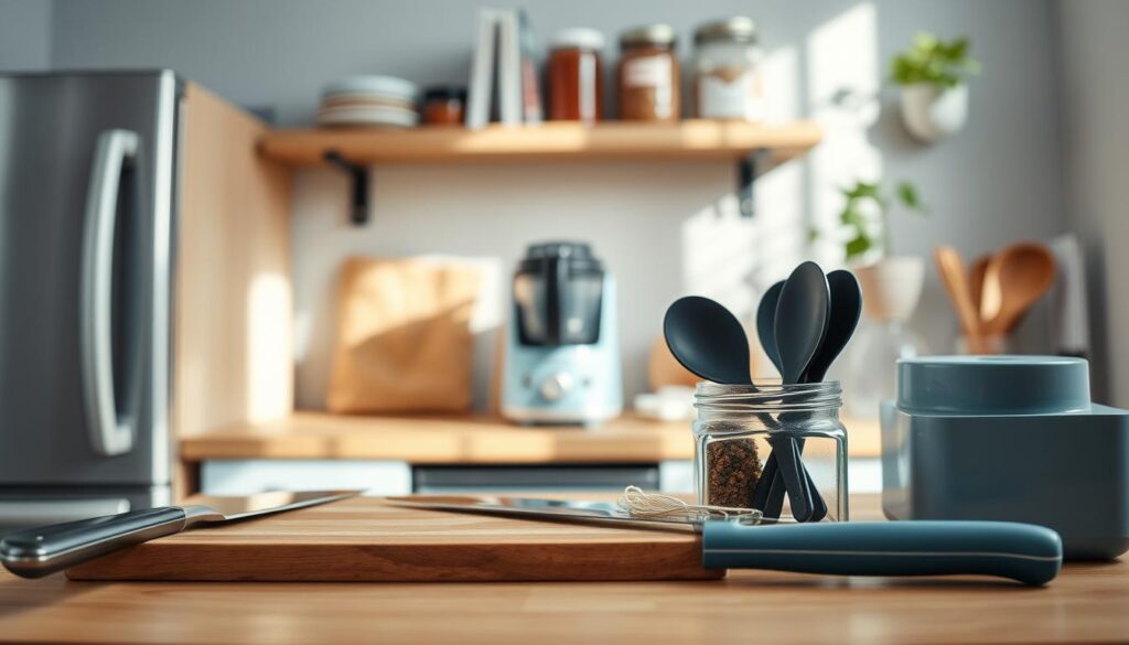 A cozy, minimalist kitchen with warm wooden textures and light blue accents. In the foreground, a collection of essential meal prep tools arranged neatly - a high-quality chef's knife, a sturdy cutting board, a glass container for spices, and a sleek utensil set. In the middle ground, a modern appliance like a small blender or food processor. The background features simple shelves displaying a few carefully selected cookbooks, jars of dry goods, and a potted herb. Soft, natural lighting filters in, creating a calm and inviting atmosphere. The overall scene conveys a sense of organization, efficiency, and a dedication to creating delicious, homemade meals.