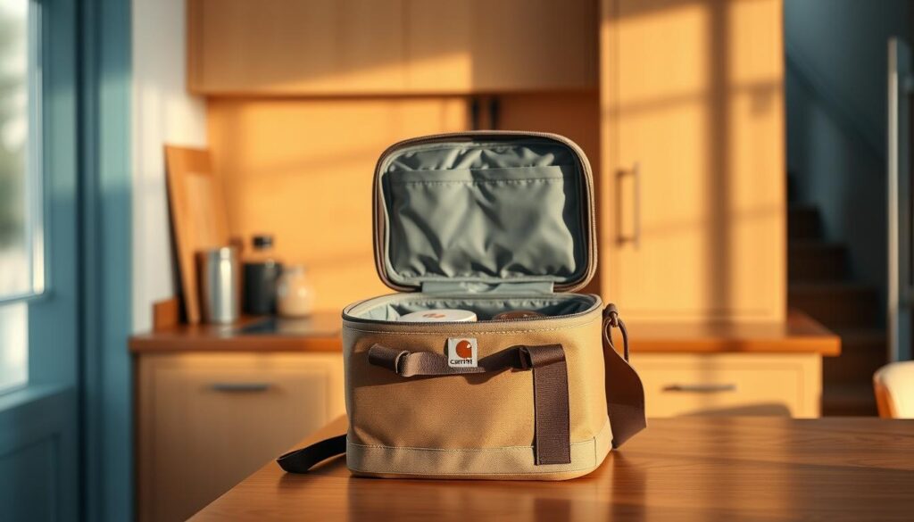 A cozy, minimalist kitchen with warm wooden textures and light blue accents. In the foreground, a Carhartt insulated classic lunch cooler sits on the counter, its rugged canvas exterior and durable strap details reflecting its high-quality construction. The cooler is open, revealing a well-organized interior with multiple compartments, perfect for keeping meals and snacks at the ideal temperature. Soft, directional lighting from the side casts gentle shadows, highlighting the cooler's thoughtful design. The scene conveys a sense of practical functionality and everyday utility, ready to support an active, on-the-go lifestyle.