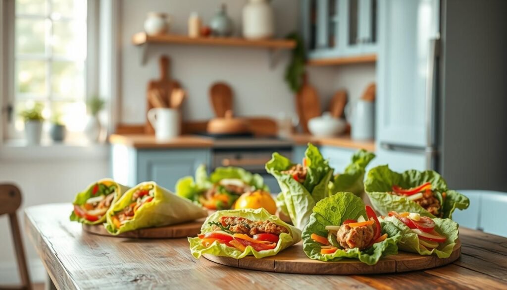 A cozy, minimalist kitchen with warm wooden textures and light blue accents. In the foreground, an assortment of freshly prepared bread-free wraps and lettuce cups, arranged artfully on a rustic wooden table. The wraps are filled with vibrant, nutritious ingredients, while the lettuce cups provide a crisp, low-carb alternative. The scene is illuminated by natural light, casting a soft, diffused glow and highlighting the textures and colors of the dishes. The overall atmosphere is one of simplicity, healthfulness, and culinary inspiration, perfectly capturing the essence of 