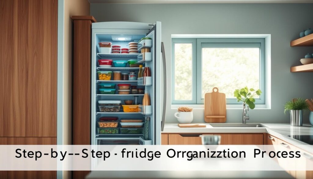 A cozy, minimalist kitchen with warm wooden textures and light blue accents. In the foreground, a fridge door stands open, revealing perfectly organized shelves with neatly labeled containers, color-coded ingredients, and thoughtfully arranged meal components. The middle ground showcases a clean countertop with a measuring cup and a cutting board, hinting at the meal prep process. The background features a window letting in soft, natural lighting, creating a serene atmosphere. The entire scene conveys a sense of efficiency, order, and intentionality, capturing the "Step-by-Step Fridge Organization Process" for maximum productivity.
