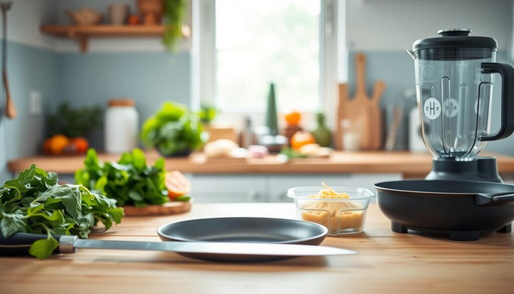 A cozy, minimalist kitchen with warm wooden textures and light blue accents. In the foreground, a variety of quick cooking tools and techniques are arranged neatly - a sharp chef's knife, a sleek nonstick pan, a spiralizer, and a high-powered blender. In the middle ground, fresh ingredients like leafy greens, colorful vegetables, and lean proteins are prepared and ready to be transformed into delicious, nutrient-dense meals. The lighting is soft and diffused, creating a calming atmosphere that invites culinary exploration and efficiency. The overall scene conveys a sense of organization, simplicity, and the possibility of crafting satisfying, nourishing lunches in a matter of minutes.