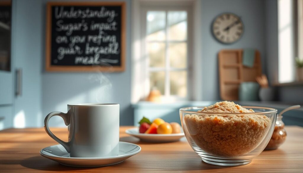 A cozy, minimalist kitchen with warm wooden textures and light blue accents. In the foreground, a steaming mug of coffee sits next to a plate of fresh fruit and whole grain toast. Delicate morning light filters through the window, casting a soft glow over the scene. In the middle ground, a transparent glass bowl filled with brown sugar crystals, symbolizing the sudden energy spike and subsequent crash associated with refined sugars. In the background, a wall-mounted chalkboard displays the section title "Understanding Sugar's Impact on Your Morning Meal". The overall atmosphere conveys the tranquility and mindfulness of a nutritious, low-sugar breakfast.
