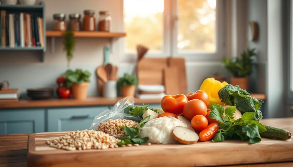 A cozy, minimalist kitchen with warm wooden textures and light blue accents. In the foreground, a wooden cutting board displays a variety of fresh, seasonal vegetables, whole grains, and lean protein sources - the essential components of a delicious and diabetes-friendly cold lunch. Behind, cookbooks and jars of herbs and spices line the shelves, hinting at the flavorful recipes within. Natural light streams in through large windows, casting a soft, golden glow over the scene and creating an inviting, serene atmosphere perfect for meal preparation and inspiration.