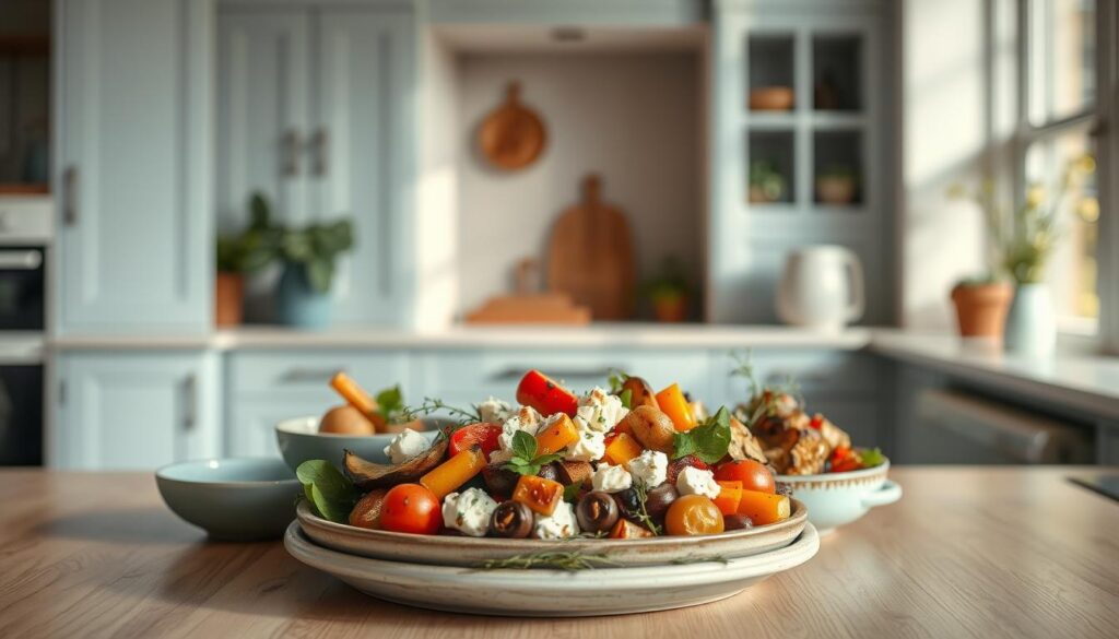 A cozy, minimalist kitchen with warm wooden textures and light blue accents. In the middle, a collection of repurposed bowls and plates artfully arranged, showcasing a vibrant Mediterranean-inspired feast - roasted vegetables, tangy feta, fragrant herbs, and a drizzle of rich olive oil. The scene is bathed in soft, natural lighting, creating a soothing, inviting atmosphere. The camera captures this culinary renaissance from a slightly elevated angle, emphasizing the care and creativity poured into transforming humble leftovers into a visually stunning, nourishing meal.