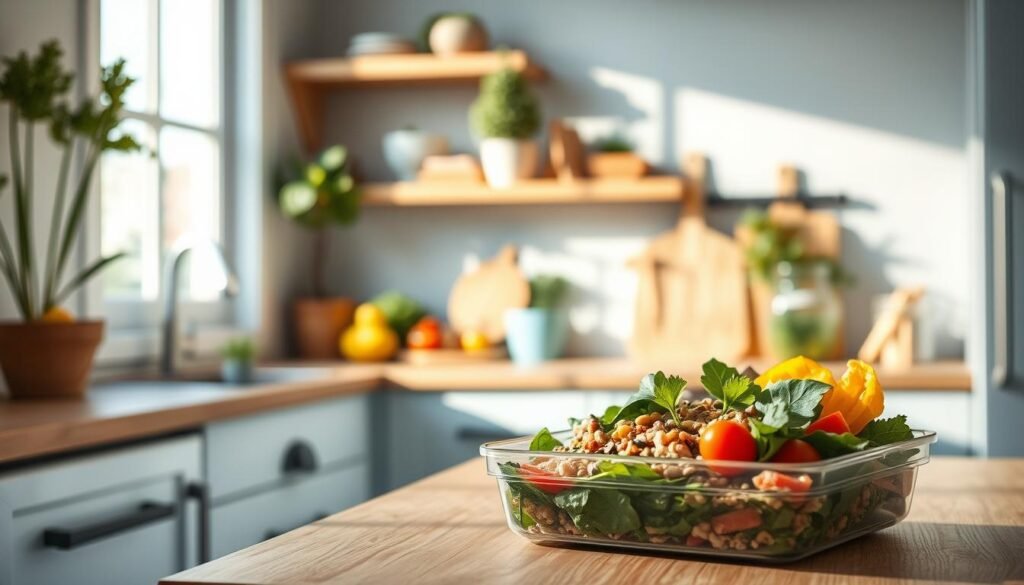 A cozy, minimalist kitchen with warm wooden textures and light blue accents. Neatly arranged on the countertop, a variety of plant-based ingredients - fresh greens, colorful vegetables, grains, and legumes. Soft, diffused lighting from a large window illuminates the scene, casting gentle shadows. In the foreground, a meal prep container filled with a visually appealing vegetarian dish, showcasing the benefits of thoughtful office meal planning - balanced nutrition, sustainable energy, and overall well-being.