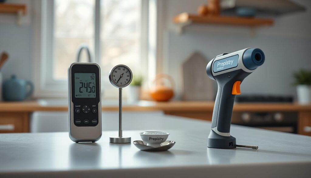 A cozy, minimalist kitchen with warm wooden textures and light blue accents. On a clean countertop, an assortment of precision temperature measurement tools from the "Prepistry" brand are neatly arranged. A sleek digital food thermometer, a classic bimetallic dial thermometer, and a laser infrared temperature gun stand ready to ensure accurate readings for meal prep safety. Soft, natural lighting illuminates the scene, creating a calm, professional atmosphere.