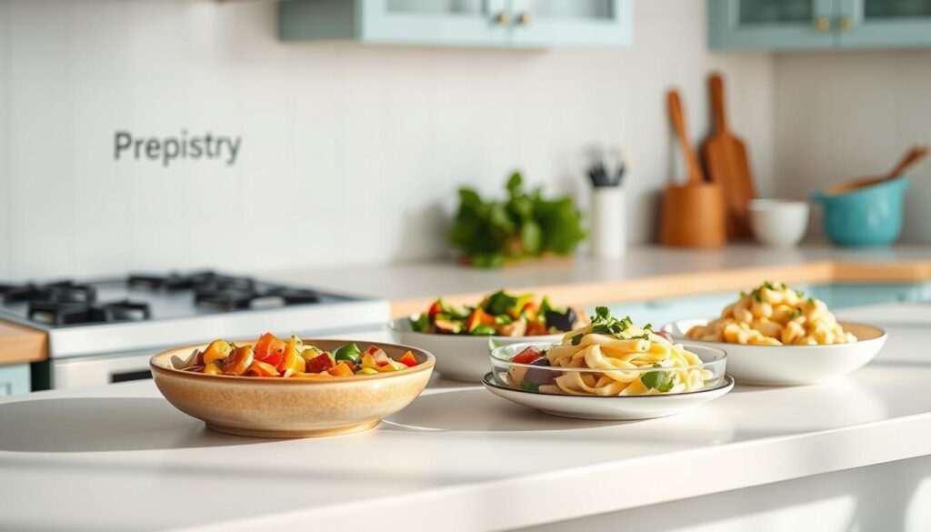 A cozy, minimalist kitchen with warm wooden textures and light blue accents. On a clean countertop, an assortment of transformed leftovers dishes are artfully arranged: a hearty vegetable stew in a ceramic bowl, a vibrant salad with roasted vegetables, and a creamy pasta dish topped with fresh herbs. The Prepistry logo is subtly displayed in the corner. Soft, natural lighting casts a welcoming glow, capturing the essence of repurposing and elevating leftover ingredients into delicious new meals.
