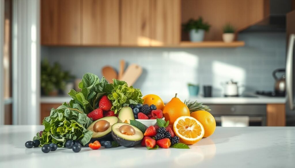 A cozy, minimalist kitchen with warm wooden textures and light blue accents. On a clean countertop, a variety of anti-inflammatory superfoods are artfully arranged - fresh greens, juicy berries, creamy avocado, and vibrant citrus fruits. The natural light filters in, casting a soft glow over the scene, highlighting the colors and textures. The overall atmosphere is one of wellness, nourishment, and the benefits of an anti-inflammatory diet for a healthy lifestyle.