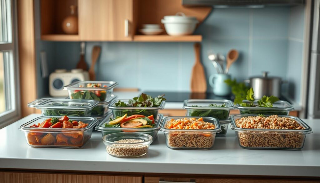 A cozy, minimalist kitchen with warm wooden textures and light blue accents. On a clean countertop, neatly arranged containers hold an assortment of freshly prepared meals - hearty stews, vibrant salads, and wholesome grains. The lighting, diffused and soft, casts a gentle glow, highlighting the careful organization and attention to detail. Utensils and meal prep tools are within reach, suggesting an efficient, time-saving workflow. The scene exudes a sense of calm productivity, capturing the essence of effective time management for the busy meal prepper.