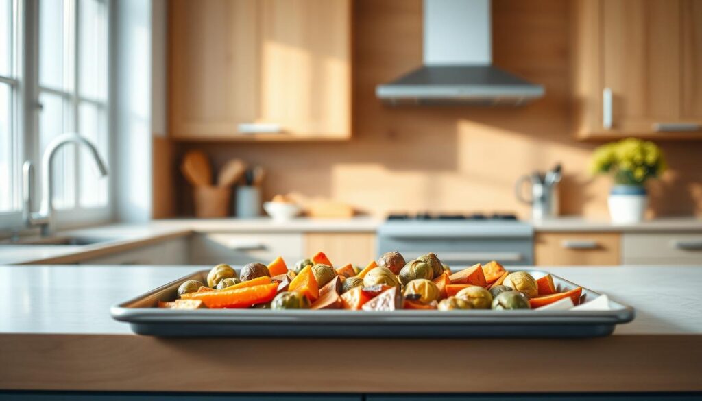 A cozy, minimalist kitchen with warm wooden textures and light blue accents. On a large sheet pan, an assortment of roasted vegetables, including brussels sprouts, sweet potatoes, and carrots, arranged in an appetizing display. The lighting is soft and natural, highlighting the vibrant colors and inviting aromas of the easy, delicious sheet pan recipes. The scene conveys a sense of simplicity, efficiency, and a welcoming atmosphere, perfectly suited for the 