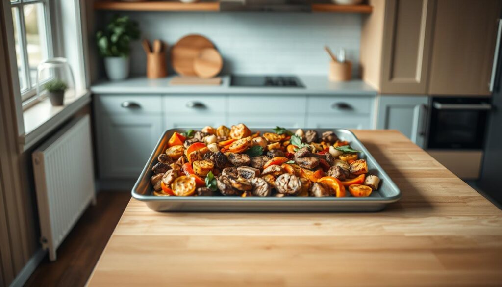 A cozy, minimalist kitchen with warm wooden textures and light blue accents. On a large sheet pan, an assortment of roasted vegetables and plant-based meat substitutes, perfectly caramelized and arranged artfully. The scene is bathed in soft, even lighting, captured from a slight overhead angle to showcase the textures and colors. The mood is one of simplicity, health, and culinary inspiration - a visual representation of the 