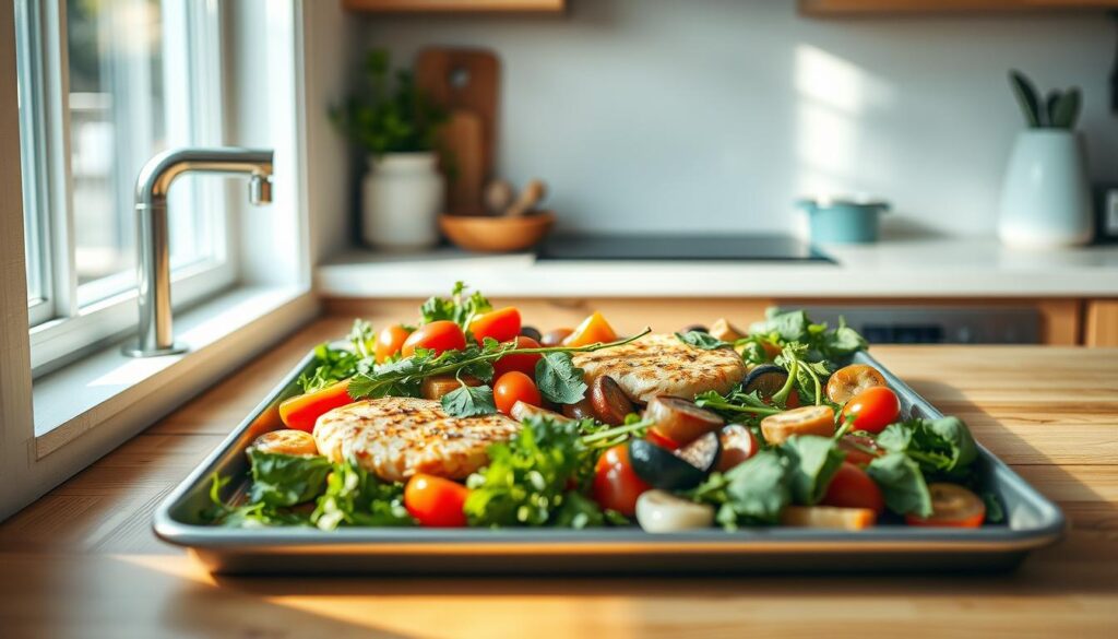 A cozy, minimalist kitchen with warm wooden textures and light blue accents. On a pristine sheet pan, an array of fresh vegetables, herbs, and protein sizzle under the soft glow of natural lighting, showcasing the benefits of one-pan cooking: efficiency, easy cleanup, and flavorful, nutritious meals. The scene exudes a sense of simplicity and ease, inviting the viewer to envision the joys of preparing delicious, hassle-free dinners with just a few key ingredients.