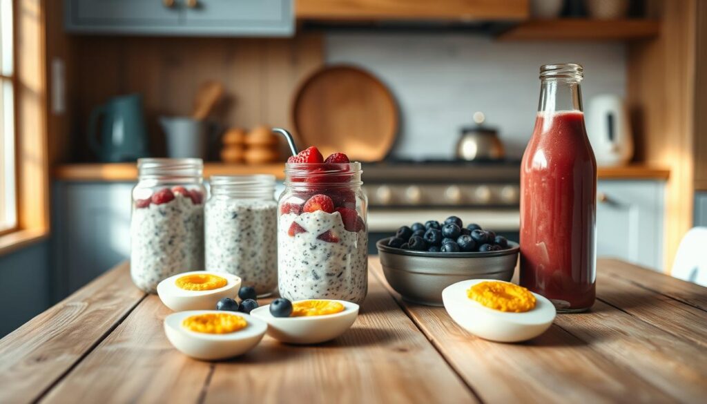 A cozy, minimalist kitchen with warm wooden textures and light blue accents. On a rustic wooden table, an assortment of healthy breakfast meal prep items - overnight oats in mason jars, hard-boiled eggs, fresh berries, and a smoothie in a glass bottle. Soft natural lighting illuminates the scene, creating a calm and inviting atmosphere. The layout is simple and uncluttered, showcasing the vibrant colors and textures of the nutritious ingredients. The composition emphasizes the ease and convenience of these quick and easy breakfast ideas, perfect for meal prepping and a busy work schedule.