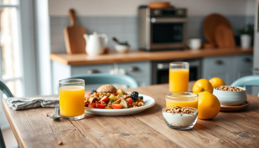 A cozy, minimalist kitchen with warm wooden textures and light blue accents. On a rustic wooden table, an assortment of breakfast items are laid out - a steaming plate of low-sugar breakfast hash, fresh fruits, a glass of orange juice, and a small bowl of yogurt with granola. The lighting is soft and natural, creating a welcoming atmosphere. The composition emphasizes the harmony of the meal pairing suggestions, inviting the viewer to imagine the perfect accompaniments for the featured breakfast hash recipe.