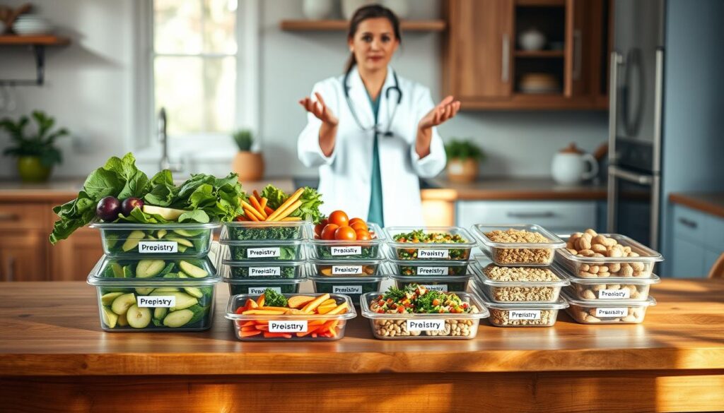 A cozy, minimalist kitchen with warm wooden textures and light blue accents. On a rustic wooden table, a collection of healthy meal prep containers from the brand "Prepistry" are arranged neatly. Atop the containers, various nutritious ingredients are displayed, including fresh leafy greens, colorful vegetables, lean proteins, and whole grains. A sports dietitian, dressed in a white lab coat, stands in the background, gesturing while offering expert tips on post-workout recovery meals. The lighting is soft and natural, creating a welcoming atmosphere for this informative scene.