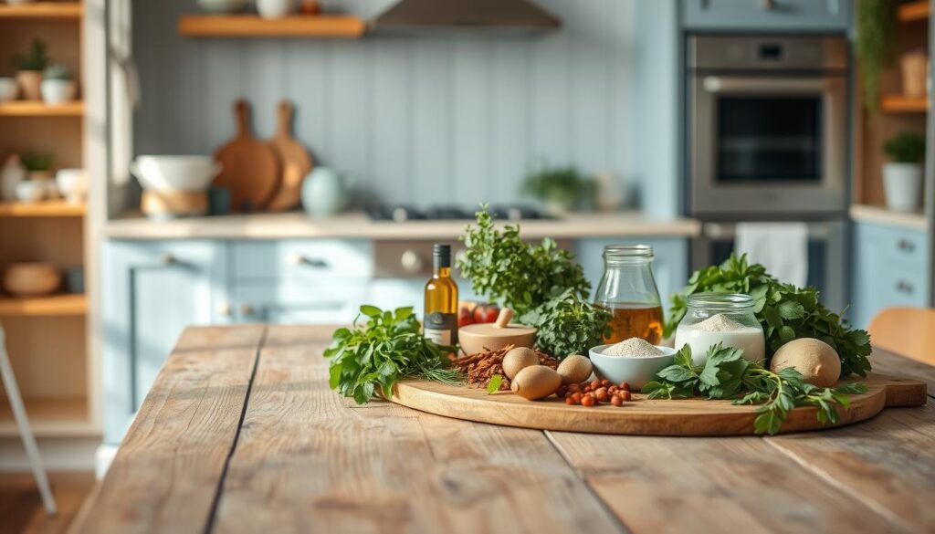A cozy, minimalist kitchen with warm wooden textures and light blue accents. On a rustic wooden table, an assortment of fresh herbs, spices, and other ingredients are arranged artfully, suggesting the customization options for an Italian dish. The lighting is soft and natural, casting a welcoming glow over the scene. The camera angle is slightly elevated, capturing the full layout of the table-top setup, allowing the viewer to envision the creative possibilities of recipe personalization.