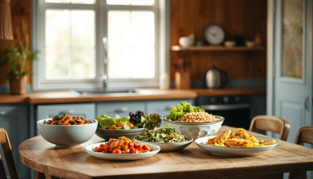 A cozy, minimalist kitchen with warm wooden textures and light blue accents. On a simple wooden table, an assortment of budget-friendly meal ideas is artfully arranged - a hearty vegetable stew, a colorful salad with fresh greens, a wholesome grain bowl, and a comforting pasta dish. The lighting is soft and natural, casting a gentle glow that highlights the textures and colors of the dishes. The overall atmosphere is one of simple pleasures and everyday delights, inviting the viewer to explore these budget-friendly recipes and find nourishing, delicious meals to enjoy.