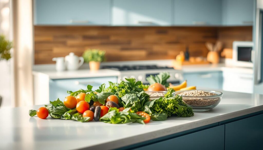 A cozy, minimalist kitchen with warm wooden textures and light blue accents. On a sleek kitchen counter, an assortment of fresh, colorful ingredients is neatly arranged - leafy greens, vibrant vegetables, lean proteins, and a selection of whole grains. The lighting is soft and diffused, creating a serene, inviting atmosphere. The camera captures the scene from a slightly elevated angle, showcasing the thoughtful composition of the ingredients and the care taken to customize this nutritious meal. The overall mood conveys a sense of healthy, balanced living and the pleasure of mindful meal preparation.