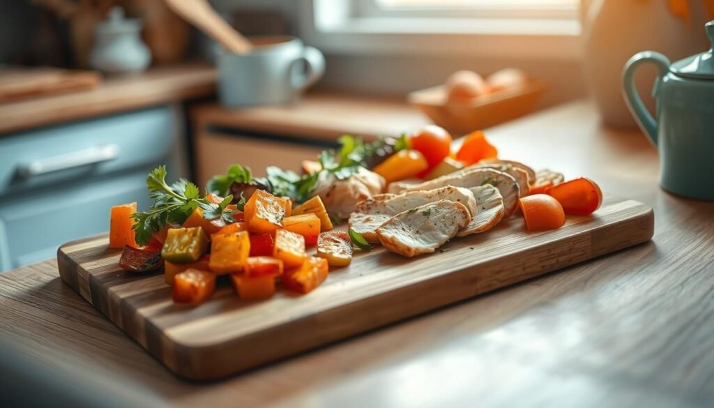 A cozy, minimalist kitchen with warm, wooden textures and light blue accents. On a wooden cutting board, an assortment of fresh ingredients - leftover roasted vegetables, a few slices of grilled chicken, some chopped herbs, and a drizzle of olive oil. The composition is simple yet visually appealing, with the ingredients arranged in a way that suggests a quick, effortless meal preparation. The lighting is soft and natural, casting a gentle glow over the scene. The overall mood is one of efficiency and thoughtfulness, capturing the essence of transforming office leftovers into a practical, satisfying lunch.