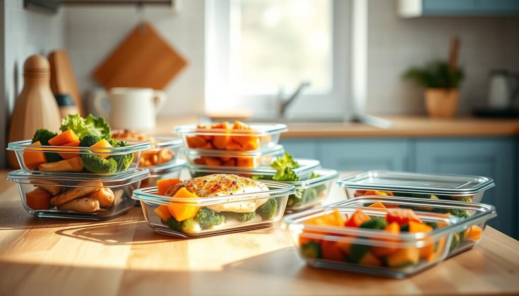 A cozy, minimalist kitchen with warm wooden textures and light blue accents. On a wooden kitchen counter, an assortment of prepared meals in glass containers - grilled chicken breasts, steamed broccoli, roasted sweet potatoes. The meals are neatly arranged, conveying a sense of order and efficiency. Soft, natural lighting illuminates the scene, creating a peaceful atmosphere. The image captures the essence of high-protein, low-carb meal prep strategies for maintaining a keto lifestyle.