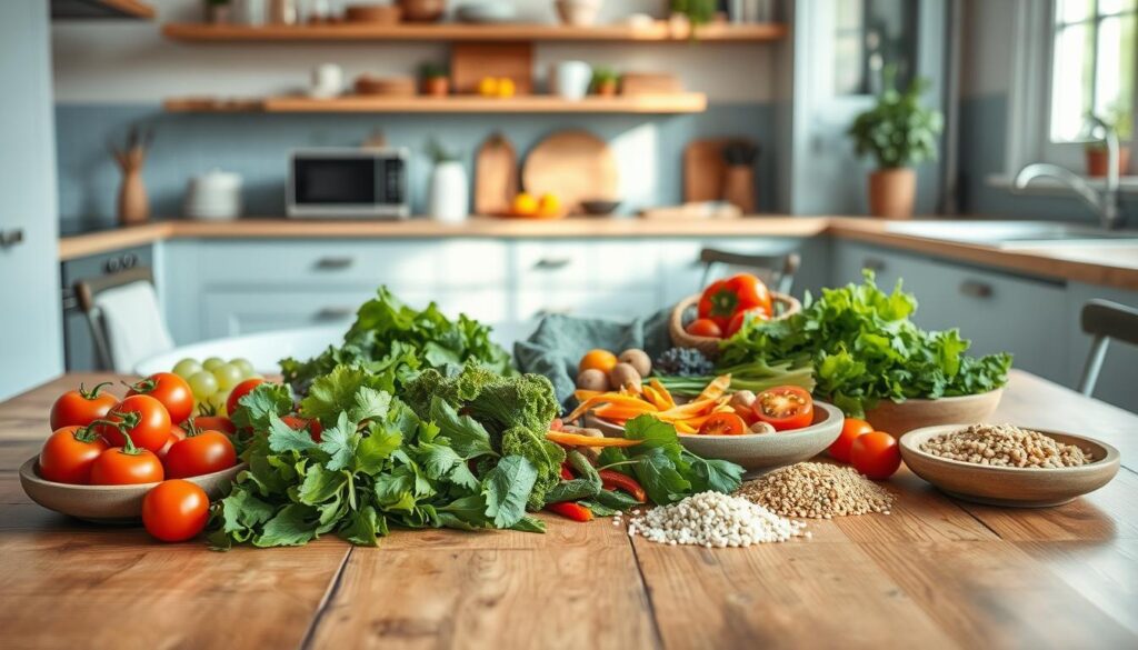A cozy, minimalist kitchen with warm, wooden textures and light blue accents. On a wooden table, a weekly meal plan for heart-healthy Mediterranean cuisine is laid out, featuring an array of fresh ingredients - crisp greens, juicy tomatoes, vibrant peppers, and wholesome grains. The arrangement conveys a sense of balance, organization, and culinary inspiration, with natural lighting gently illuminating the scene. The overall atmosphere is one of simplicity, nourishment, and a thoughtful approach to wellness.