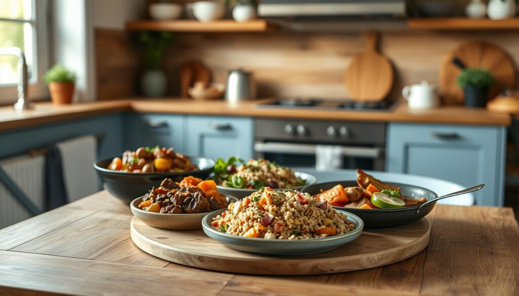 A cozy, minimalist kitchen with warm wooden textures and light blue accents. On a wooden table, an assortment of macro-friendly dinner recipes are creatively displayed - a hearty beef and vegetable stew, a vibrant quinoa and roasted vegetable salad, and a protein-packed chicken and sweet potato skillet. The lighting is soft and natural, highlighting the textures and colors of the fresh, wholesome ingredients. The scene conveys a sense of culinary inspiration and healthy, balanced meals prepared with care.