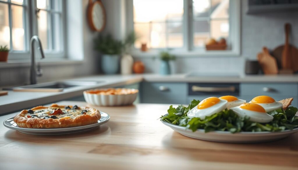 A cozy, minimalist kitchen with warm, wooden textures and light blue accents. On the countertop, a selection of freshly prepared egg-based lunches: a fluffy frittata with roasted vegetables, a hearty quiche with a flaky crust, and delicately poached eggs atop a bed of crisp greens. The mid-afternoon sunlight filters in through large windows, casting a soft, natural glow over the scene. The mood is one of nourishment and simplicity, inviting the viewer to imagine themselves indulging in a satisfying, protein-packed midday meal.