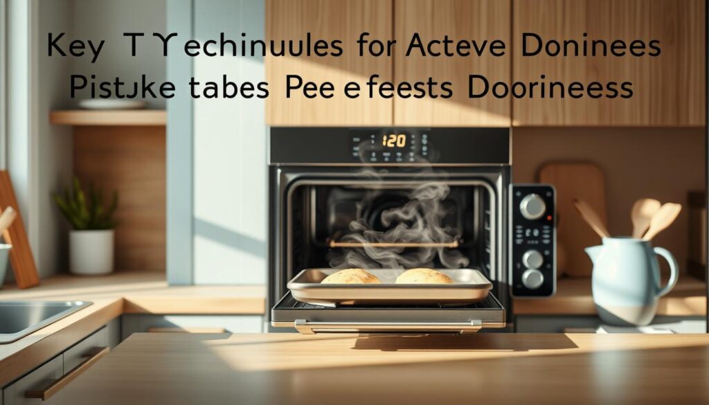 A cozy, minimalist kitchen with warm wooden textures and light blue accents. On the center counter, a digital oven display shows the precise temperature, while steam gently rises from a baking sheet, indicating the even heat distribution throughout. The scene exudes a sense of control and effortless precision, capturing the essence of 