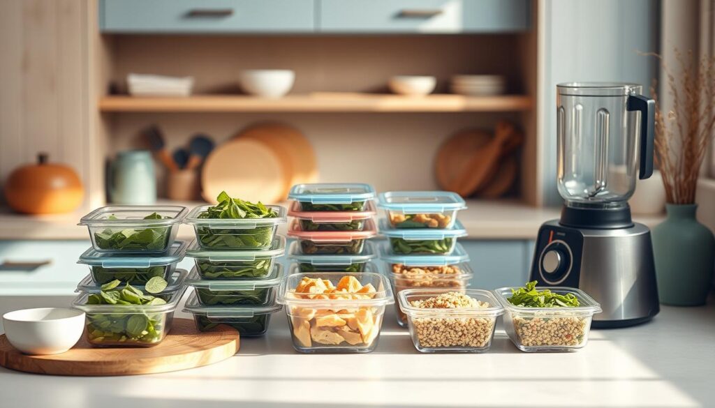 A cozy, minimalist kitchen with warm wooden textures and light blue accents. On the clean counter, an array of meal prep containers, a blender, and various fresh ingredients like spinach, chicken, and quinoa. The scene is bathed in soft, natural lighting, highlighting the efficiency and simplicity of the time-saving meal prep hacks. The layout creates a sense of organization and flow, suggesting a streamlined approach to healthy, customized lunches. The image conveys a mood of productivity, nutrition, and work-life balance.