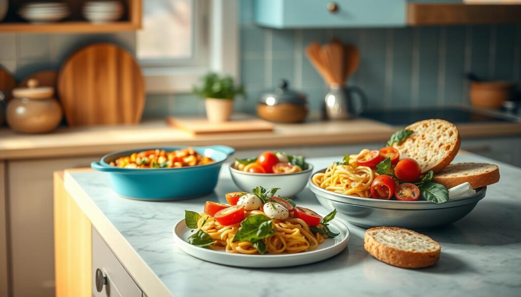 A cozy, minimalist kitchen with warm, wooden textures and light blue accents. On the counter, an assortment of freshly prepared Italian dishes - a hearty pasta bake, a vibrant caprese salad, and fragrant garlic bread. The soft, natural lighting casts a gentle glow, creating an inviting atmosphere for a nourishing office meal. The scene evokes the allure of authentic Italian cuisine, perfectly suited for a midday work repast.