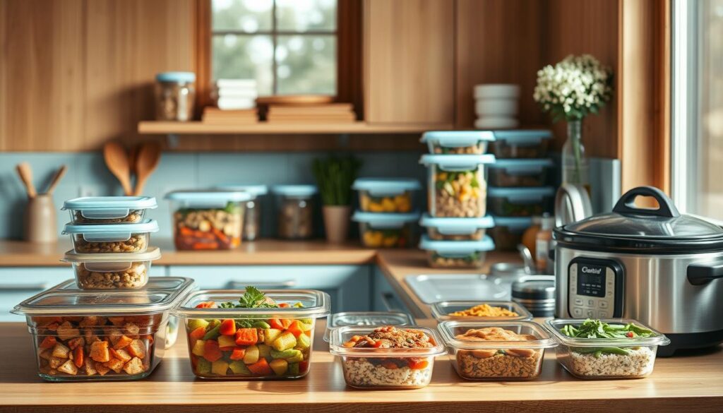 A cozy, minimalist kitchen with warm wooden textures and light blue accents. On the counter, various meal prep containers filled with homemade dishes - hearty stews, roasted vegetables, and flavorful rice bowls. Stacks of reusable glass storage jars and a slow cooker stand ready for the next batch of easy, kid-friendly meals. The scene is bathed in soft, natural lighting from large windows, conveying a sense of efficiency and organization. Careful meal planning and preparation takes center stage, simplifying the dinner routine for a busy family.