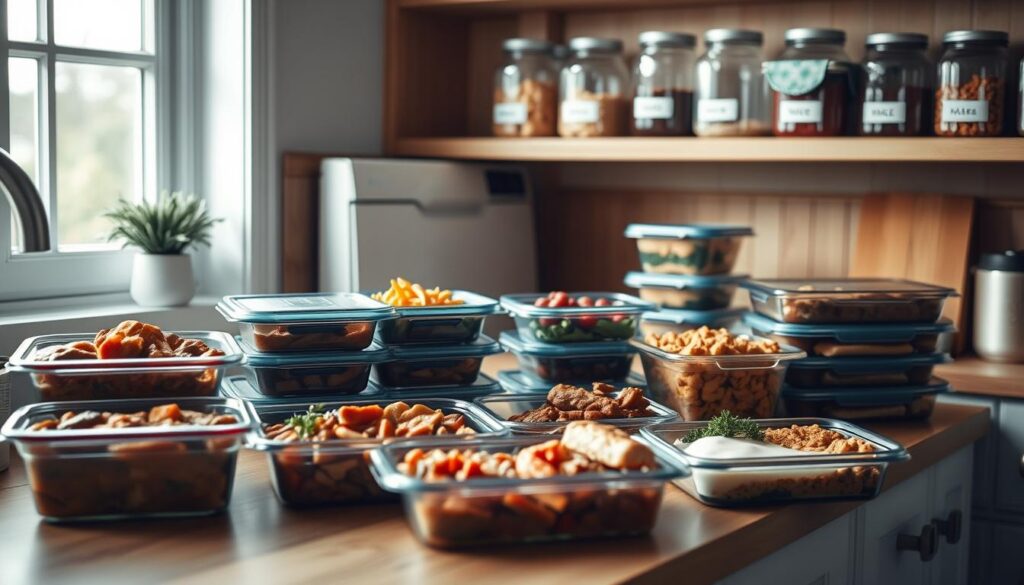A cozy, minimalist kitchen with warm wooden textures and light blue accents. On the counter, various freezer-friendly meal components are neatly arranged - containers of hearty stews, casseroles, and portioned-out proteins. The scene is bathed in soft, diffused lighting, creating a serene and inviting atmosphere. In the background, shelves hold labeled glass jars and meal-prep containers, showcasing the homeowner's well-organized freezer meal strategies for fresh, delicious family dinners.
