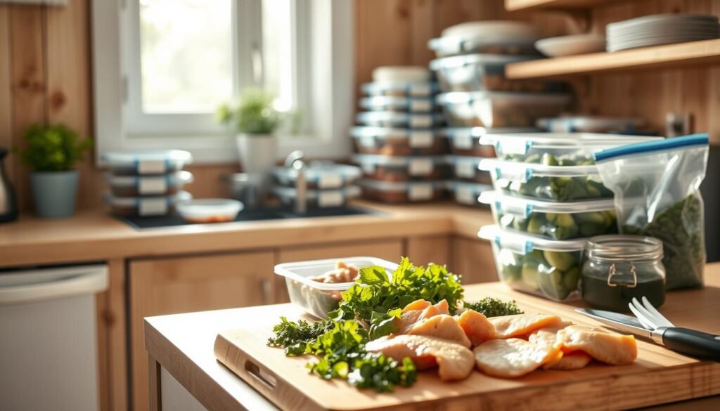 A cozy, minimalist kitchen with warm wooden textures and light blue accents. On the counter, various freezer-friendly meal prep containers, labels, and reusable storage bags are neatly organized. In the foreground, a cutting board displays fresh herbs, vegetables, and portions of cooked proteins ready for assembly. Soft, directional lighting from a window illuminates the scene, casting gentle shadows. The atmosphere is one of efficiency and intentionality, inviting the viewer to imagine streamlining their own meal prep routine.
