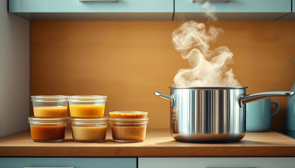 A cozy, minimalist kitchen with warm wooden textures and light blue accents. On the counter, a set of clear glass containers holding various soups, their contents visible. A single, elegant stainless steel pot stands nearby, steam gently rising from its surface, ready to reheat the chilled soups. Subtle lighting from above casts a soft, evenly diffused glow, highlighting the simple, practical nature of this meal prep scene. The overall atmosphere is one of organized, intentional storage and efficient reheating - a seamless, low-effort process for preserving the freshness and flavor of homemade soups.