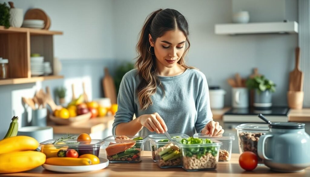 A cozy, minimalist kitchen with warm wooden textures and light blue accents. On the counter, a variety of fresh produce, meal prep containers, and kitchen tools. Bright natural lighting filters in, illuminating the scene. In the foreground, a woman prepares a balanced meal, portioning out protein, vegetables, and grains into the containers. Her focused expression conveys a sense of efficiency and organization. The kitchen has a tranquil, effortless atmosphere, suggesting a well-planned and nutritious meal prep routine.