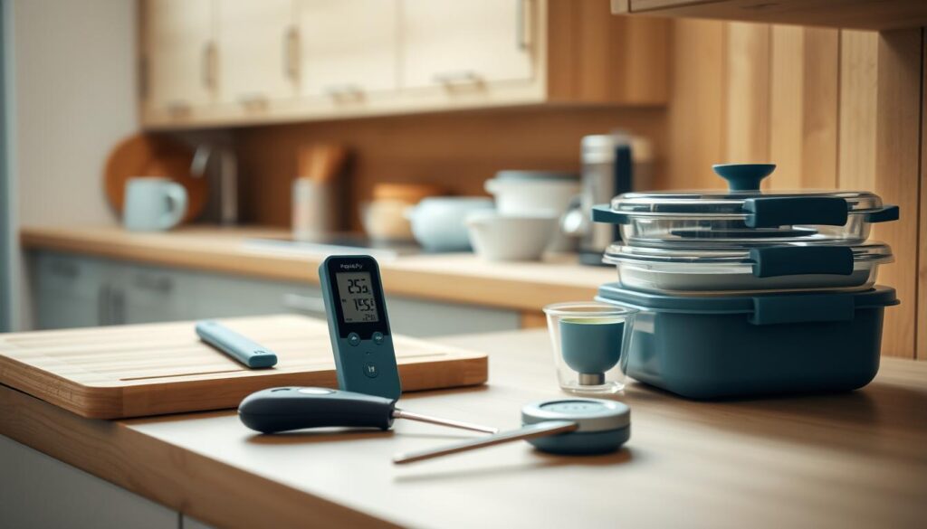 A cozy, minimalist kitchen with warm wooden textures and light blue accents. On the counter, a collection of kitchen tools and appliances - a Prepistry food thermometer, a cutting board, a set of measuring cups, and a meal prep container. The lighting is soft and indirect, creating a calm, focused atmosphere. The angle showcases the setup in a way that highlights the tools and their use in troubleshooting temperature control issues during meal prep. No hands are visible, emphasizing the independent, problem-solving nature of the scene.