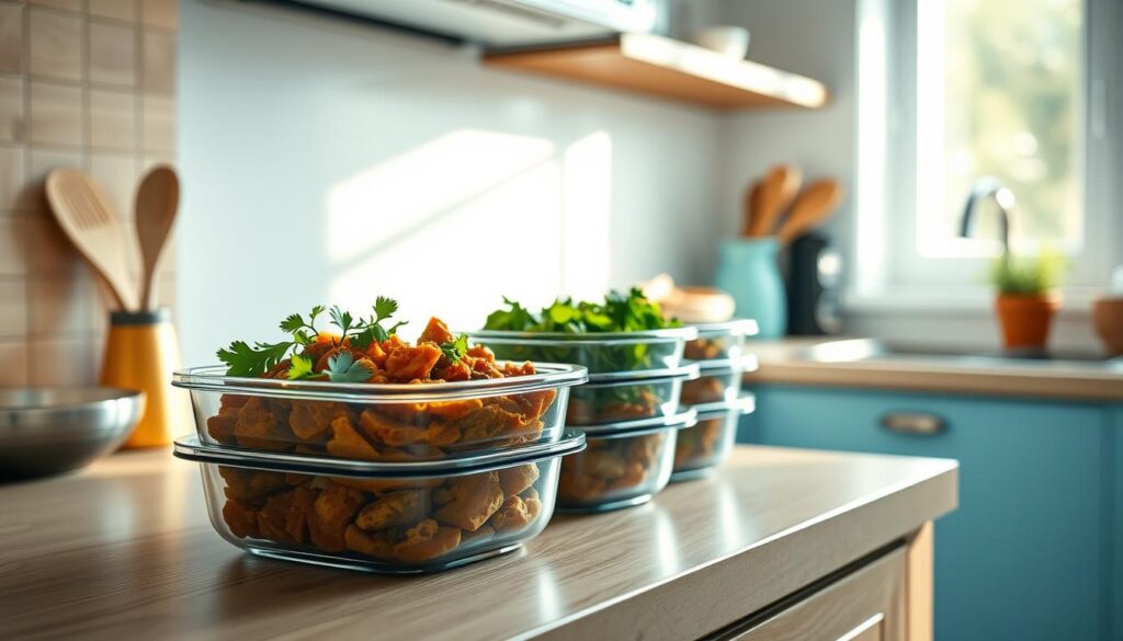 A cozy, minimalist kitchen with warm wooden textures and light blue accents. On the counter, a neatly arranged set of meal prep containers holds a fragrant curry dish, the aromatic spices and vibrant colors making it visually appealing. Sunlight filters in through a window, casting a soft glow and highlighting the freshly chopped herbs and vegetables accompanying the curry. The scene exudes a sense of organization and efficiency, reflecting the benefits of meal prepping curry dishes for the office - a nourishing, flavorful meal ready to enjoy anytime.