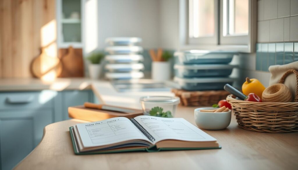A cozy, minimalist kitchen with warm wooden textures and light blue accents. On the counter, a cutting board, various meal prep containers, and a notebook open to reveal a weekly meal plan. Nearby, fresh produce and spices nestle in wicker baskets, hinting at the healthy, home-cooked dishes to come. The light, filtering through a window, casts a soft glow over the scene, creating an atmosphere of efficiency and mindfulness. Capturing the essence of time-saving meal prep for busy professionals.