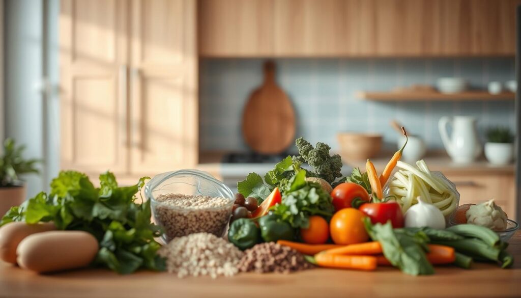 A cozy, minimalist kitchen with warm wooden textures and light blue accents. On the counter, a selection of fresh, vibrant vegetables, grains, and plant-based protein sources neatly arranged, ready for meal prep. The lighting is soft and natural, accentuating the earthy tones and highlighting the healthy, nutritious ingredients. In the background, a clean and organized space, free from clutter, creating a calming atmosphere conducive to mindful meal preparation. The scene conveys the benefits of vegan meal prepping - nourishment, efficiency, and a peaceful, sustainable approach to fueling the body.