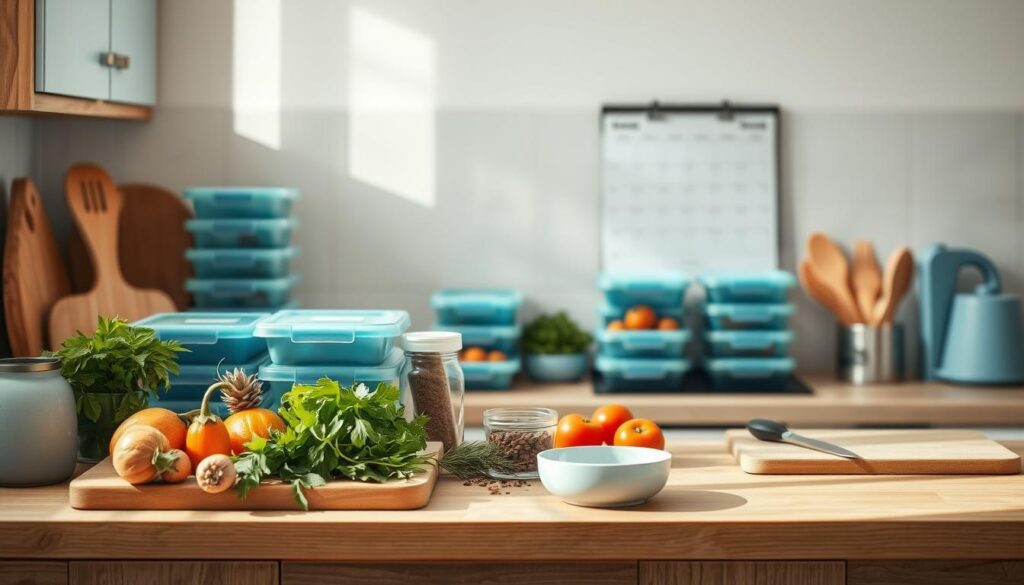 A cozy, minimalist kitchen with warm wooden textures and light blue accents. On the counter, an array of meal prep containers, chopping boards, and kitchen utensils. Herbs, spices, and fresh produce are neatly organized, hinting at a well-planned nutritious meal. The lighting is soft and natural, creating a serene atmosphere for thoughtful meal prepping. In the background, a simple calendar or planner suggests a weekly schedule for organized meal planning. This image conveys practical tips and tricks for successful, high-protein meal preparation.
