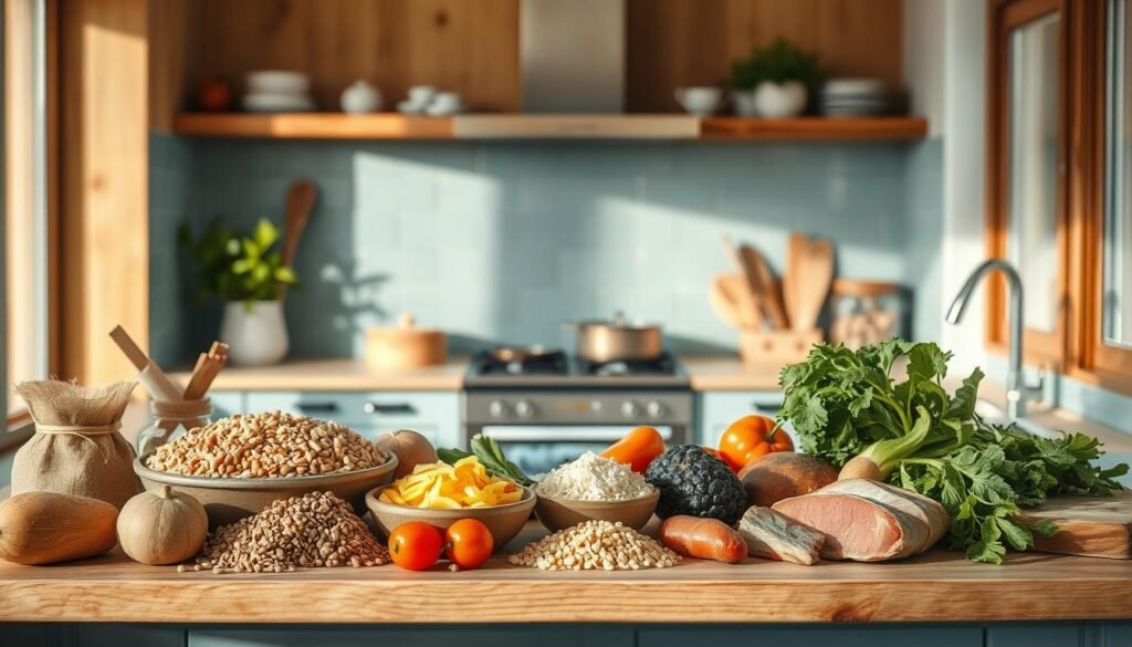 A cozy, minimalist kitchen with warm wooden textures and light blue accents. On the counter, an assortment of fresh ingredients - earthy grains, vibrant vegetables, and rich proteins. The morning light filters in, casting soft shadows and highlighting the varied tactile surfaces. A sense of calm and intentionality pervades the scene, inviting the viewer to imagine crafting a nourishing, texture-driven meal to fuel a busy workday. The composition emphasizes the interplay of shapes, colors, and materials, suggesting a holistic approach to meal planning that considers both flavor and mouthfeel.
