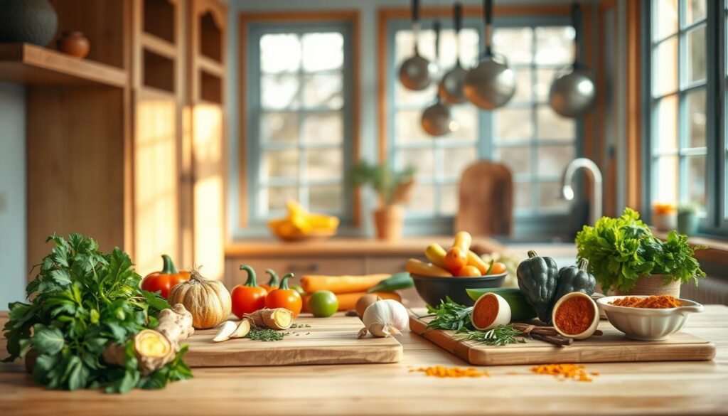 A cozy, minimalist kitchen with warm wooden textures and light blue accents. On the counter, an array of fresh, vibrant vegetables, herbs, and spices, artfully arranged. A cutting board with sliced ginger, garlic, and turmeric - the foundations of anti-inflammatory recipes. Warm, natural lighting filters through large windows, casting a soft glow over the scene. Pots and pans hang neatly, hinting at the delicious, nourishing meals to be prepared. The overall atmosphere is one of calm, wellness, and culinary creativity.