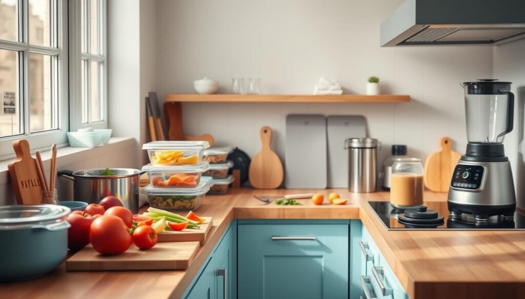 A cozy, minimalist kitchen with warm wooden textures and light blue accents. On the counter, an assortment of meal prep containers, fresh produce, and basic cooking tools. A cutting board with sliced vegetables, a saucepan simmering on the stove, and a blender ready for smoothie prep. The space is well-lit, with soft, natural illumination from a large window, casting a serene, inviting atmosphere. The scene conveys simplicity, efficiency, and budget-conscious meal solutions, perfect for the 