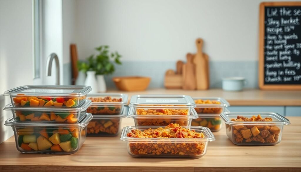 A cozy, minimalist kitchen with warm wooden textures and light blue accents. On the counter, an assortment of freezer-friendly meal prep containers, filled with hearty stews, vegetable-packed casseroles, and protein-rich dishes. The lighting is soft and diffused, casting a gentle glow over the scene. In the background, a chalkboard displays handwritten recipe titles, hinting at the array of delicious, long-lasting meals waiting to be enjoyed. The overall atmosphere is one of efficiency, organization, and the promise of nourishing, homemade sustenance.